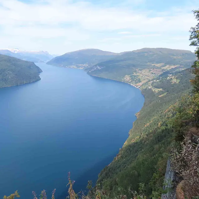 Høyt utsiktspunkt over en lang, blå fjord som strekker seg mellom bratte, skogskledde fjellsider.