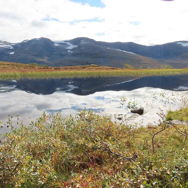 Naturfoto av et stille fjellvann omkranset av høstfarger og fjell.