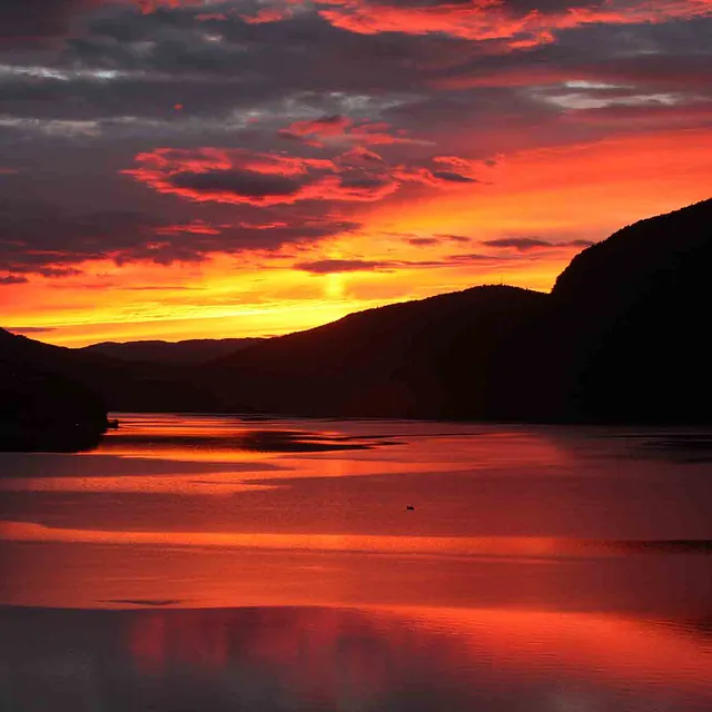 Stemningsfullt naturfoto av kveldsol over en stille fjord.