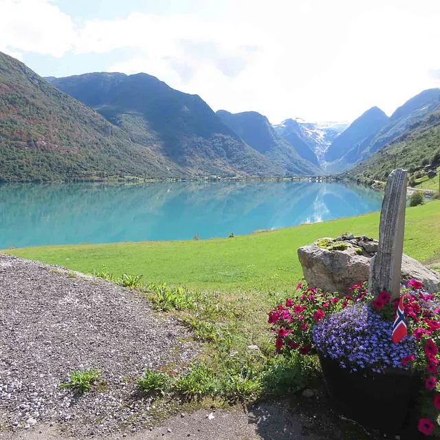 Grønn gressbakke med blomsterkasse foran en turkis fjord og høye, spisse fjell.